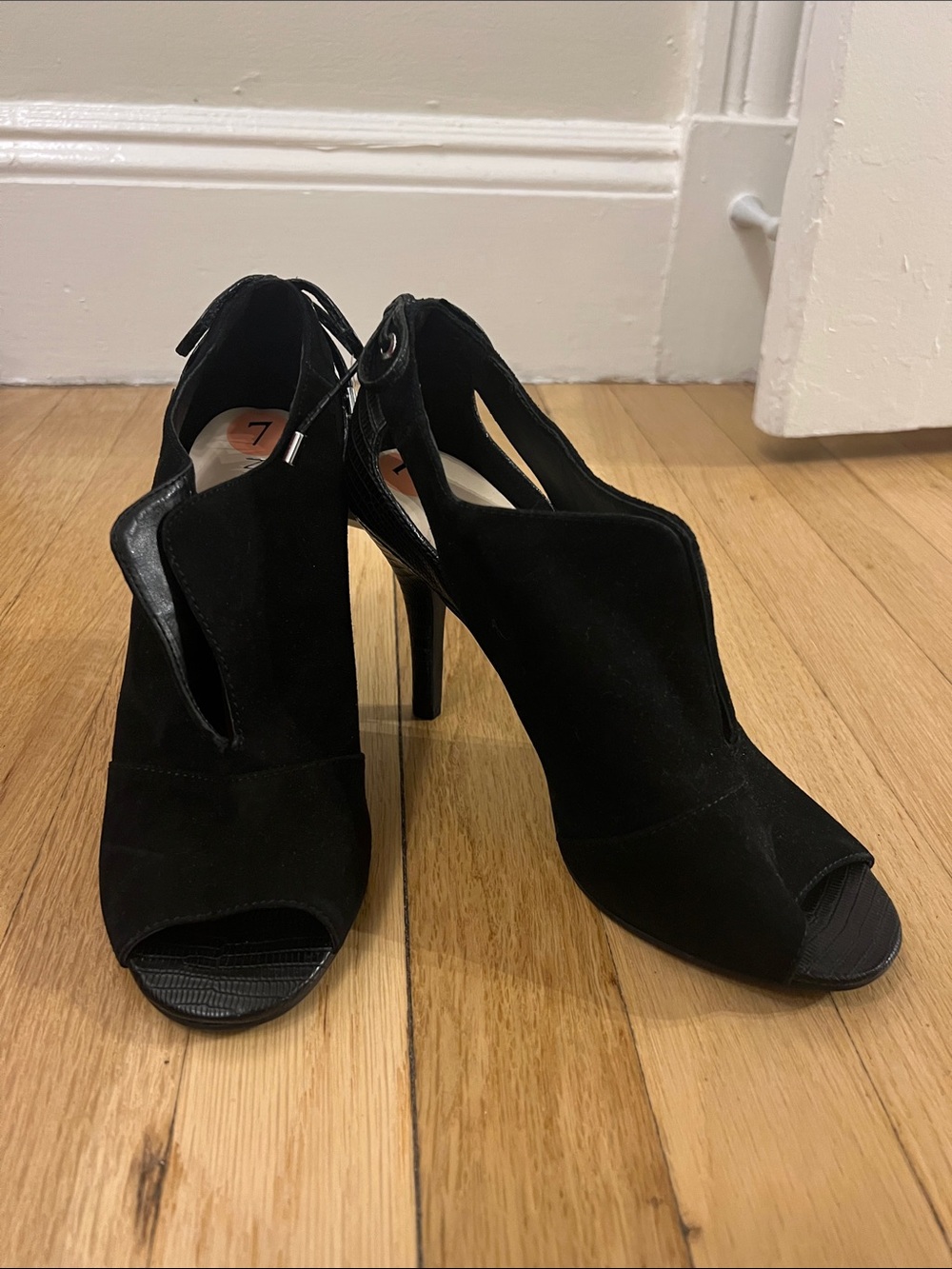 NWT Black Suede Peep-Toe None West High Heel